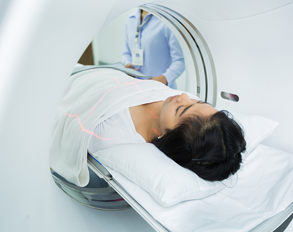 Patient undergoing a cardiac CT scan at SHB Medical Imaging.