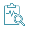 Icon of a clipboard with a heartbeat line and magnifying glass, symbolising radiology reporting
