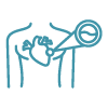 Simple line icon of a heart with a magnifying glass representing cardiac imaging